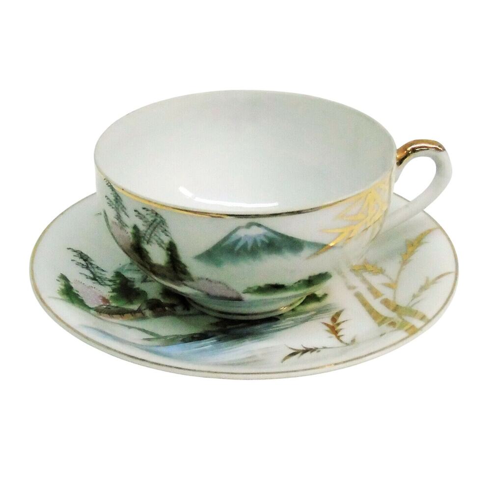 Japanese Tea Cup & Saucer Set Moriage Lithopane Geisha Girl Fuji 24k Gold Vtg